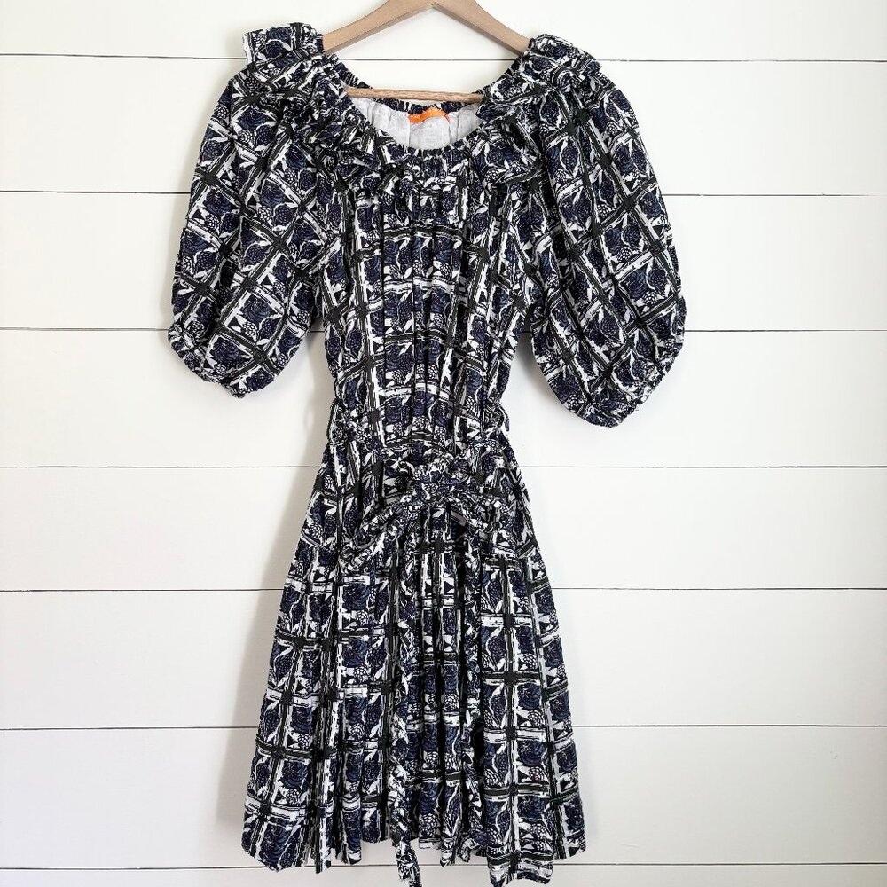 Oliphant navy and white dress with ruffle collar and bubble sleeves